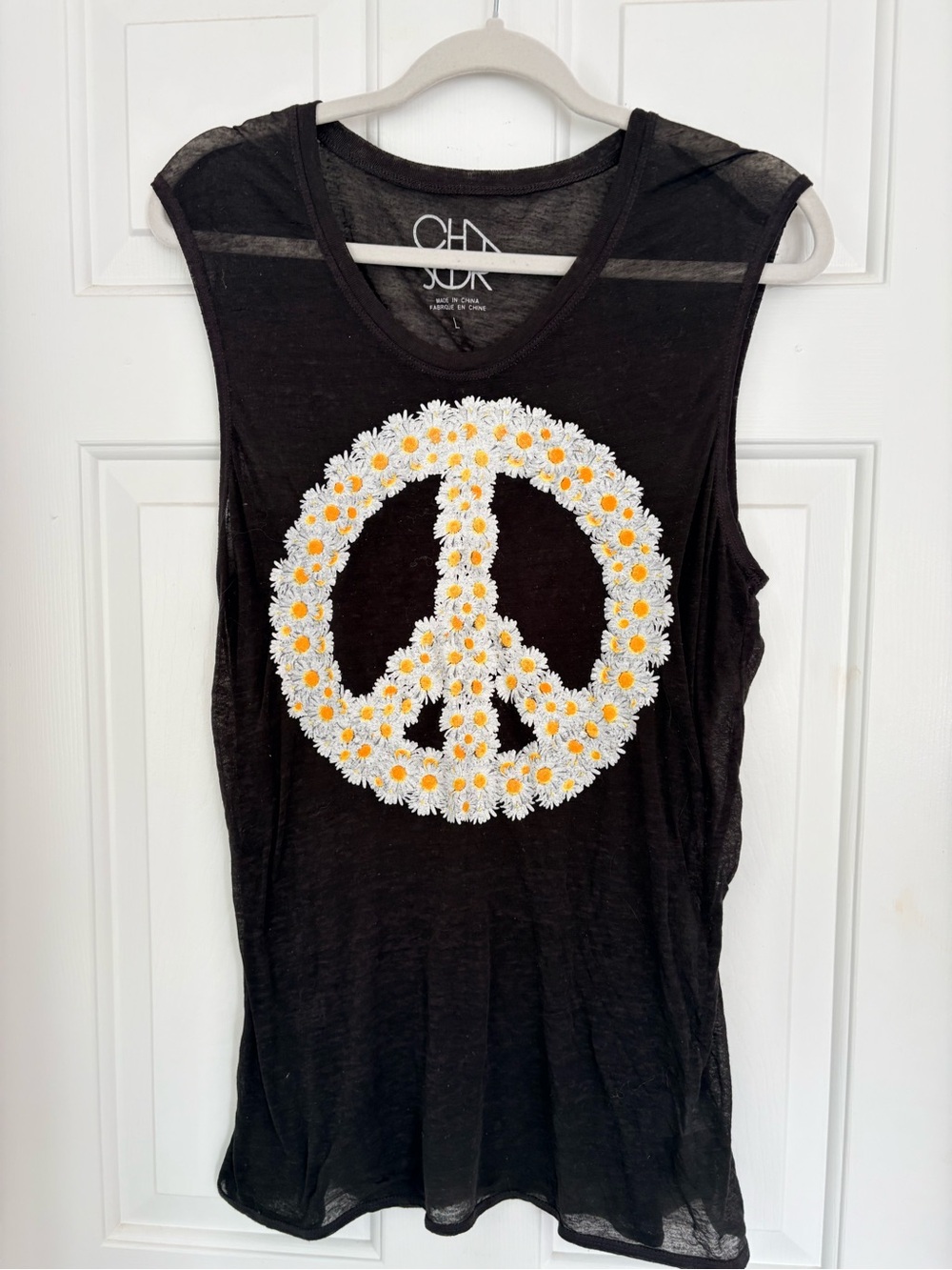 Chaser Black Tank with White and Yellow Daisy Peace Sign